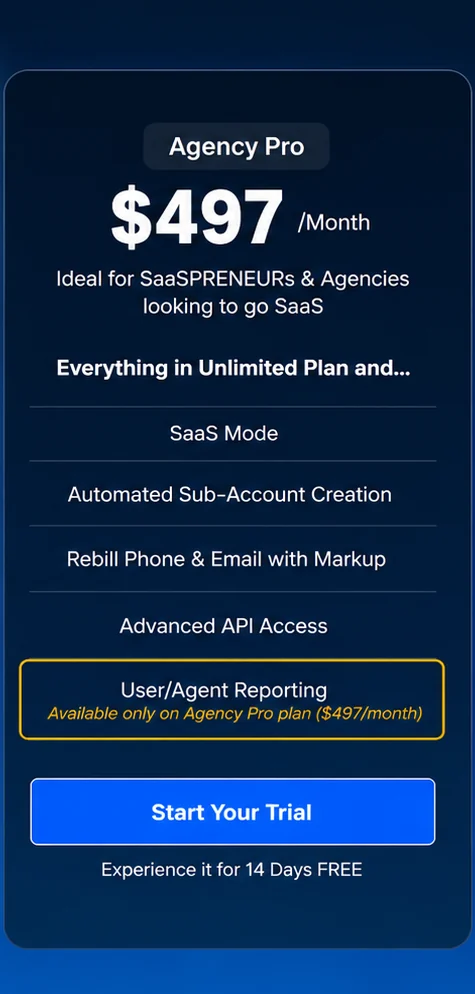 HighLevel’s Agency Pro plan card: $497 a month, with a 14-day free trial. Opens full size.