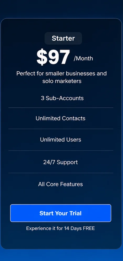 HighLevel’s Starter plan card: $97 a month, with a 14-day free trial. Opens full size.