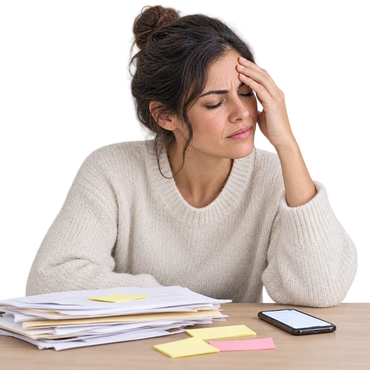 A business owner, stressed, with a pile of papers and sticky notes