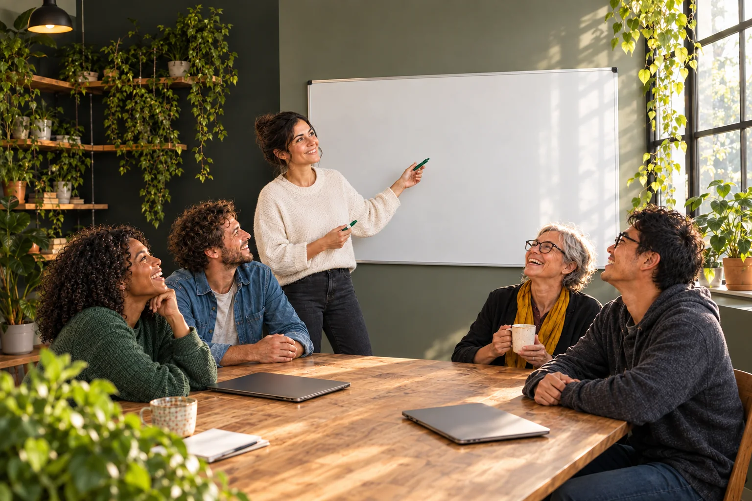 The owner and her team in a relaxed meeting around the table; generated image