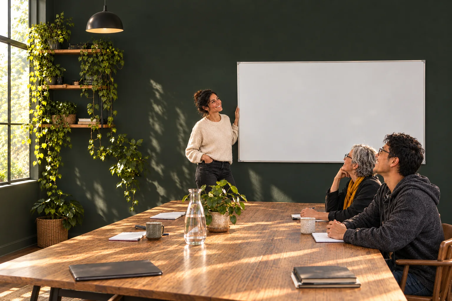 A small-business owner at the whiteboard in a team meeting, the eight automated jobs ticked off on the board